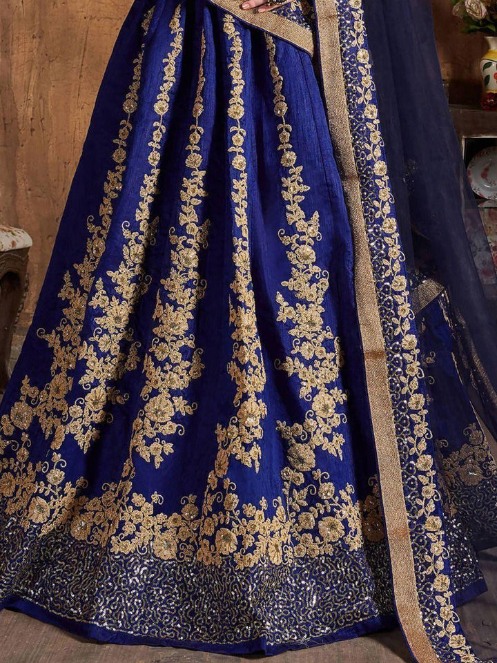 Navy Blue Embroidered Raw Silk Lehenga Choli