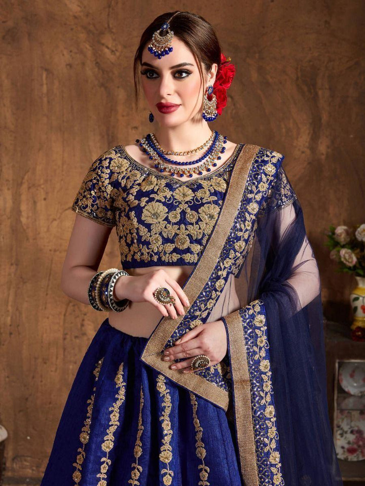 Navy Blue Embroidered Raw Silk Lehenga Choli