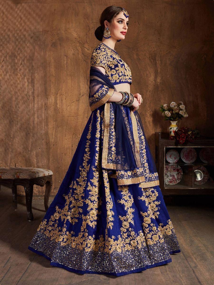 Navy Blue Embroidered Raw Silk Lehenga Choli