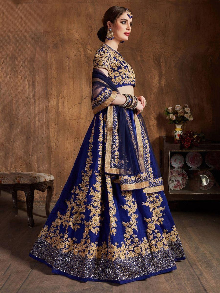 Navy Blue Embroidered Raw Silk Lehenga Choli