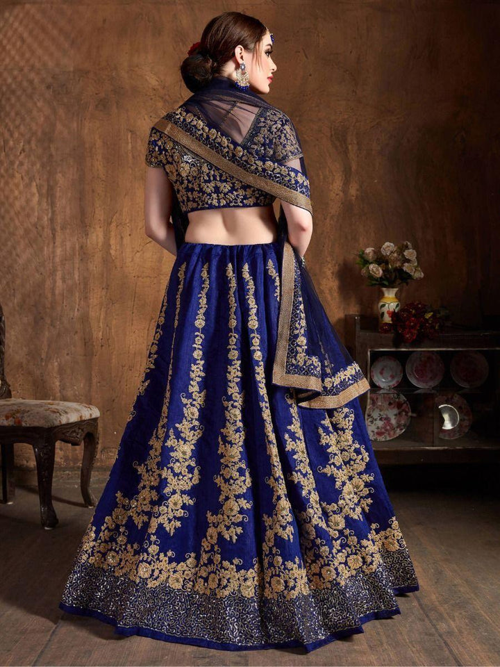 Navy Blue Embroidered Raw Silk Lehenga Choli