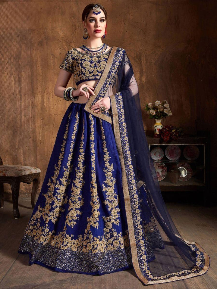Navy Blue Embroidered Raw Silk Lehenga Choli
