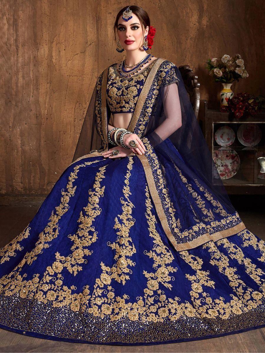 Navy Blue Embroidered Raw Silk Lehenga Choli