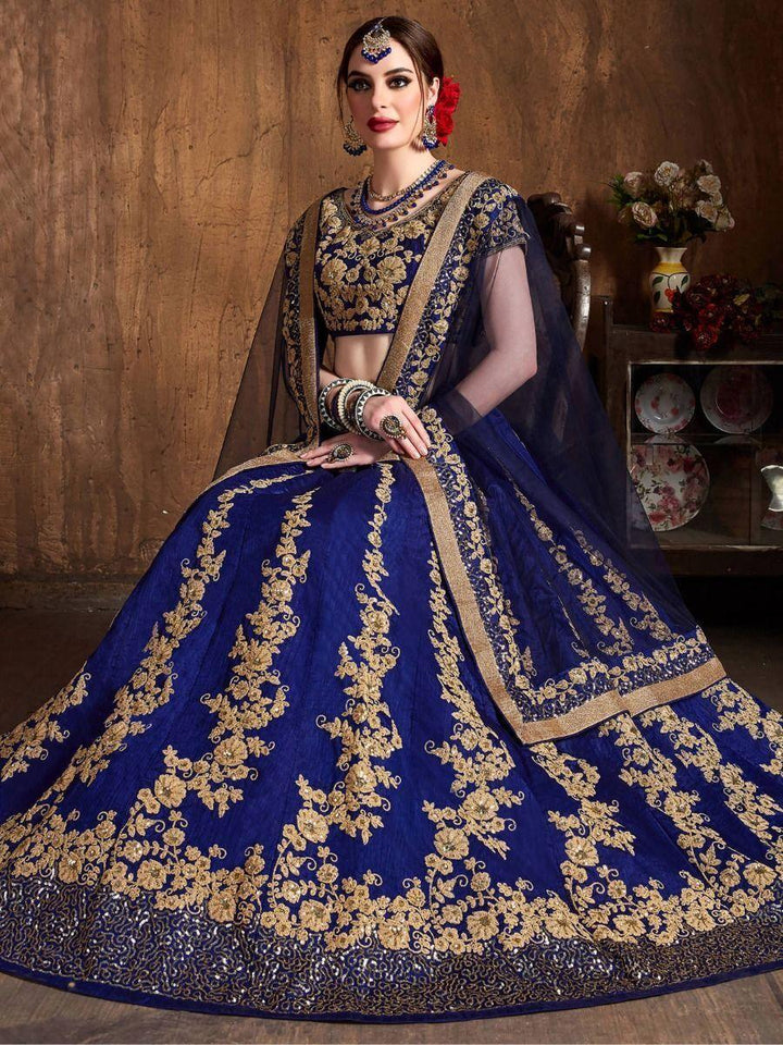 Navy Blue Embroidered Raw Silk Lehenga Choli