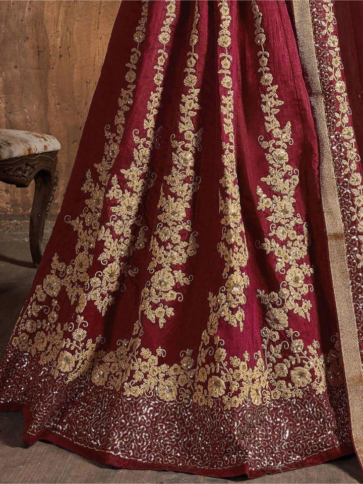 Maroon Embroidered Raw Silk Lehenga Choli With Dupatta