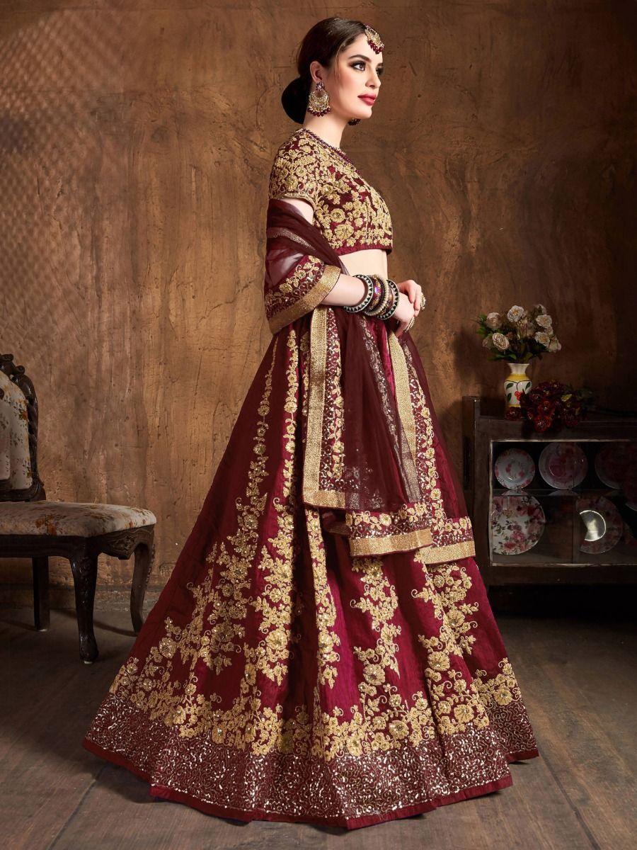 Maroon Embroidered Raw Silk Lehenga Choli With Dupatta