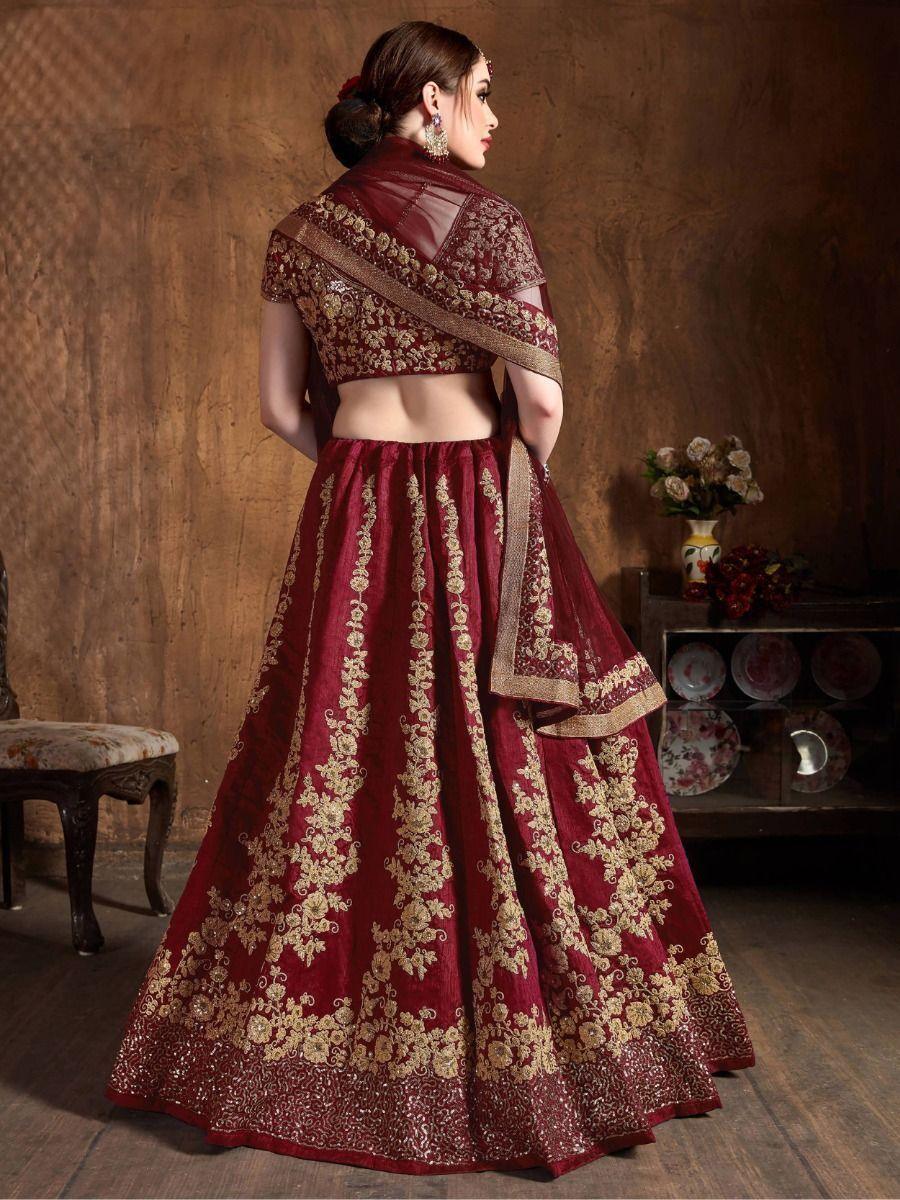 Maroon Embroidered Raw Silk Lehenga Choli With Dupatta