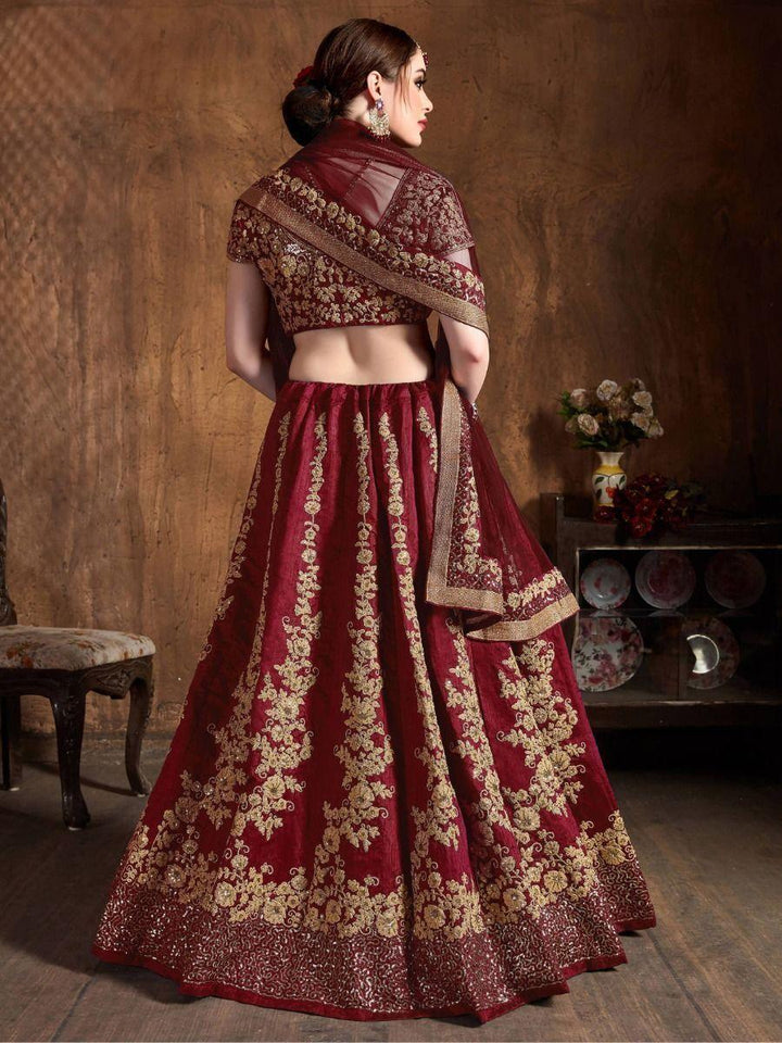 Maroon Embroidered Raw Silk Lehenga Choli With Dupatta