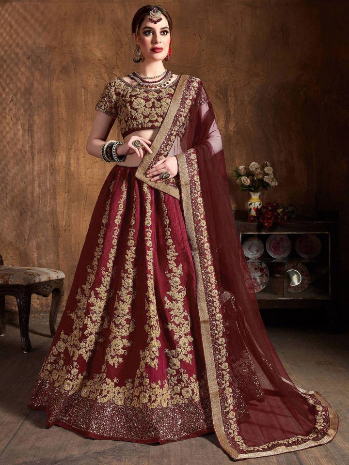 Maroon Embroidered Raw Silk Lehenga Choli With Dupatta