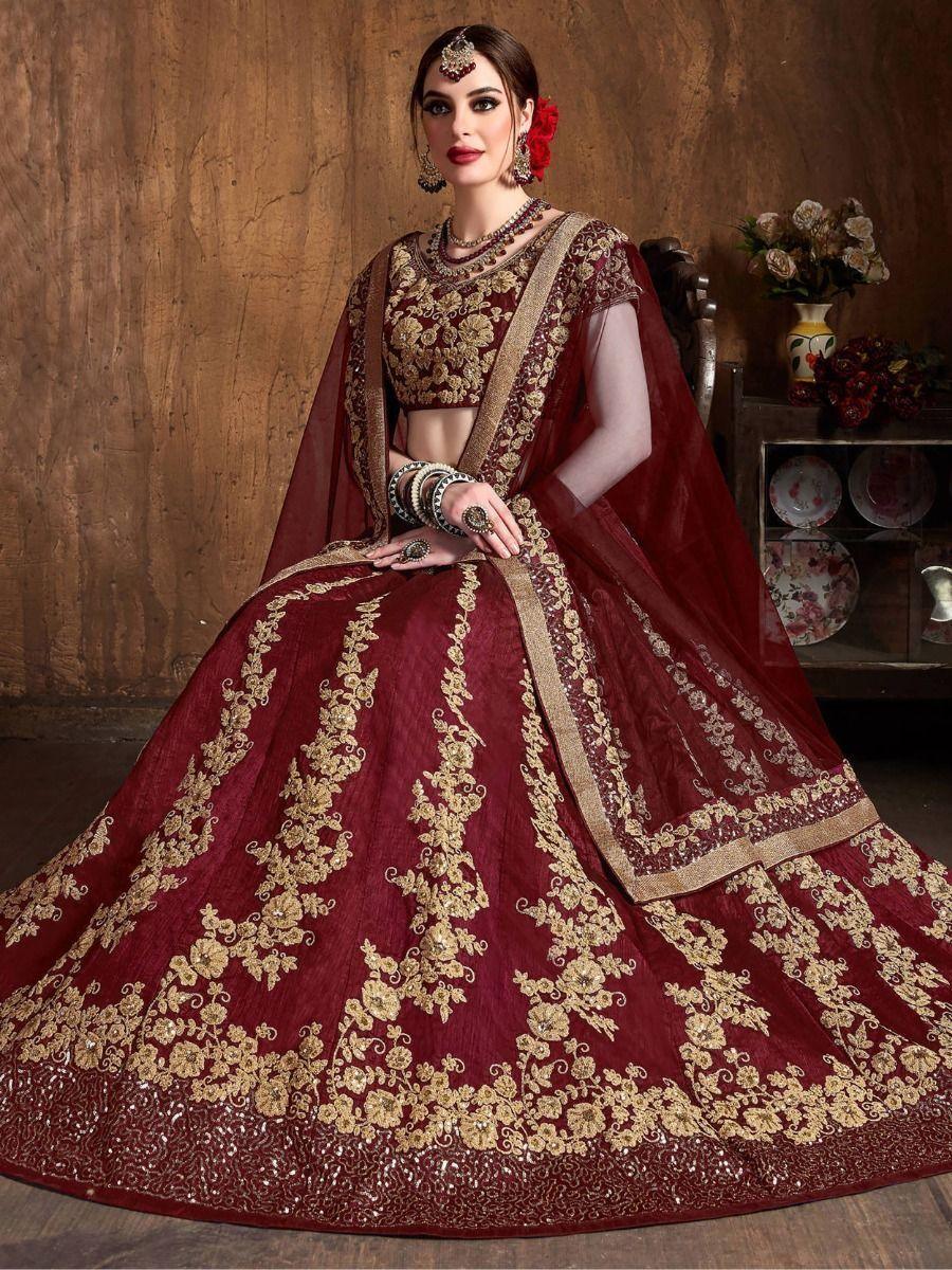 Maroon Embroidered Raw Silk Lehenga Choli With Dupatta