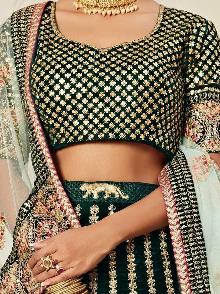 Green Embroidered Velvet Wedding Wear Lehenga Choli
