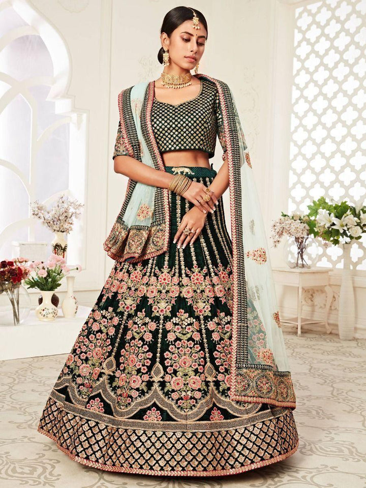 Green Embroidered Velvet Wedding Wear Lehenga Choli