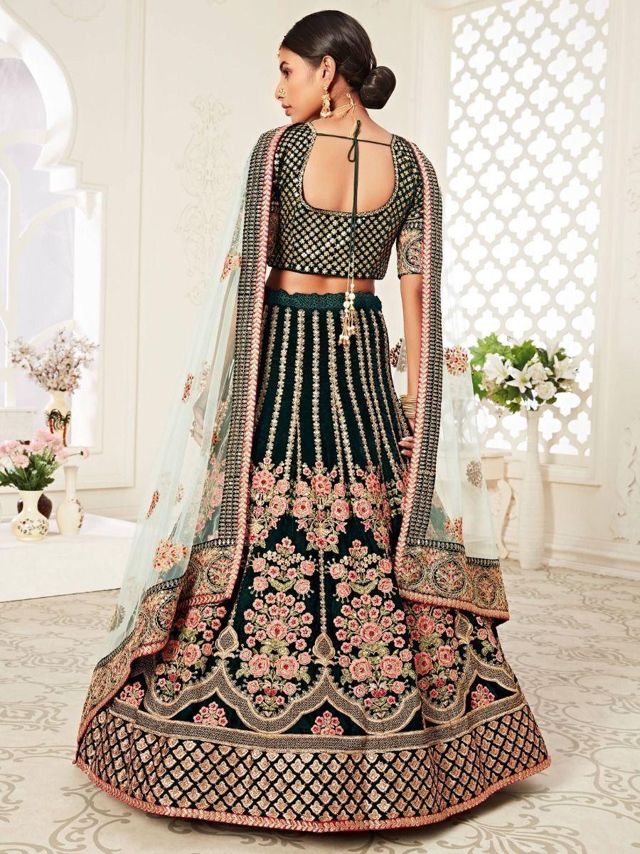 Green Embroidered Velvet Wedding Wear Lehenga Choli