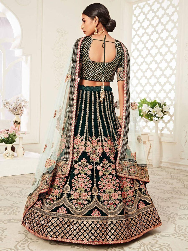 Green Embroidered Velvet Wedding Wear Lehenga Choli