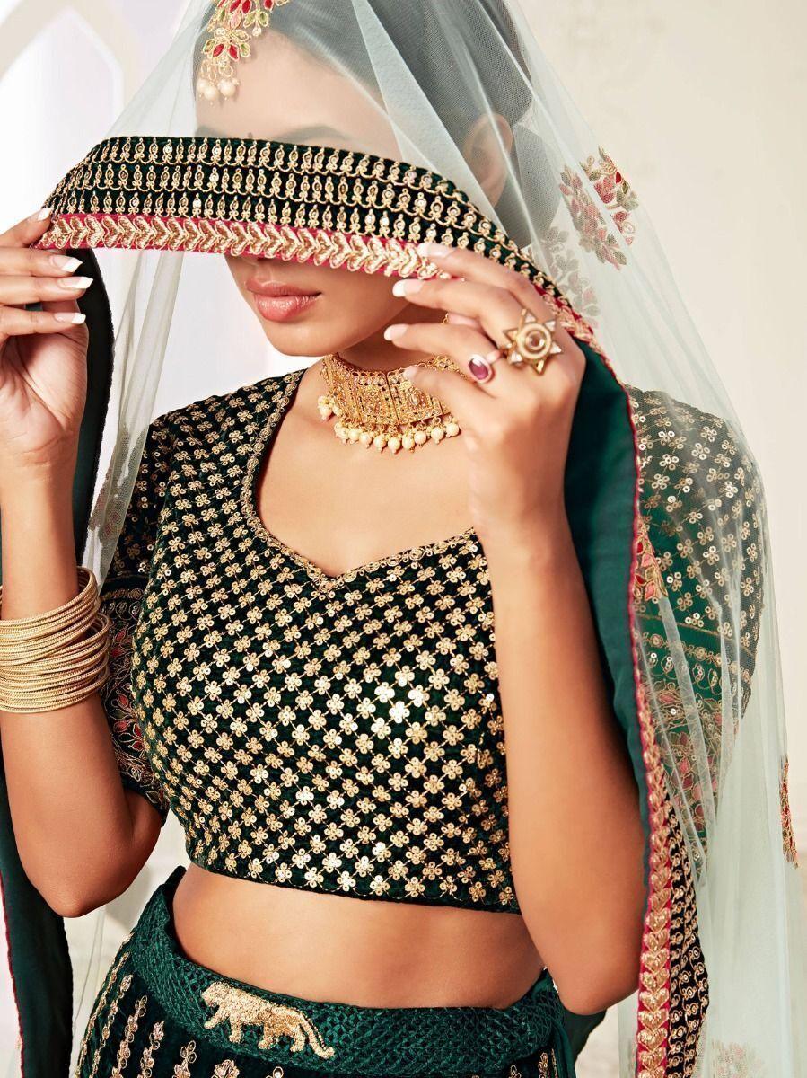 Green Embroidered Velvet Wedding Wear Lehenga Choli