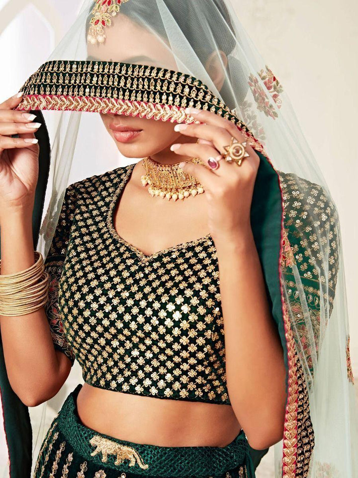 Green Embroidered Velvet Wedding Wear Lehenga Choli