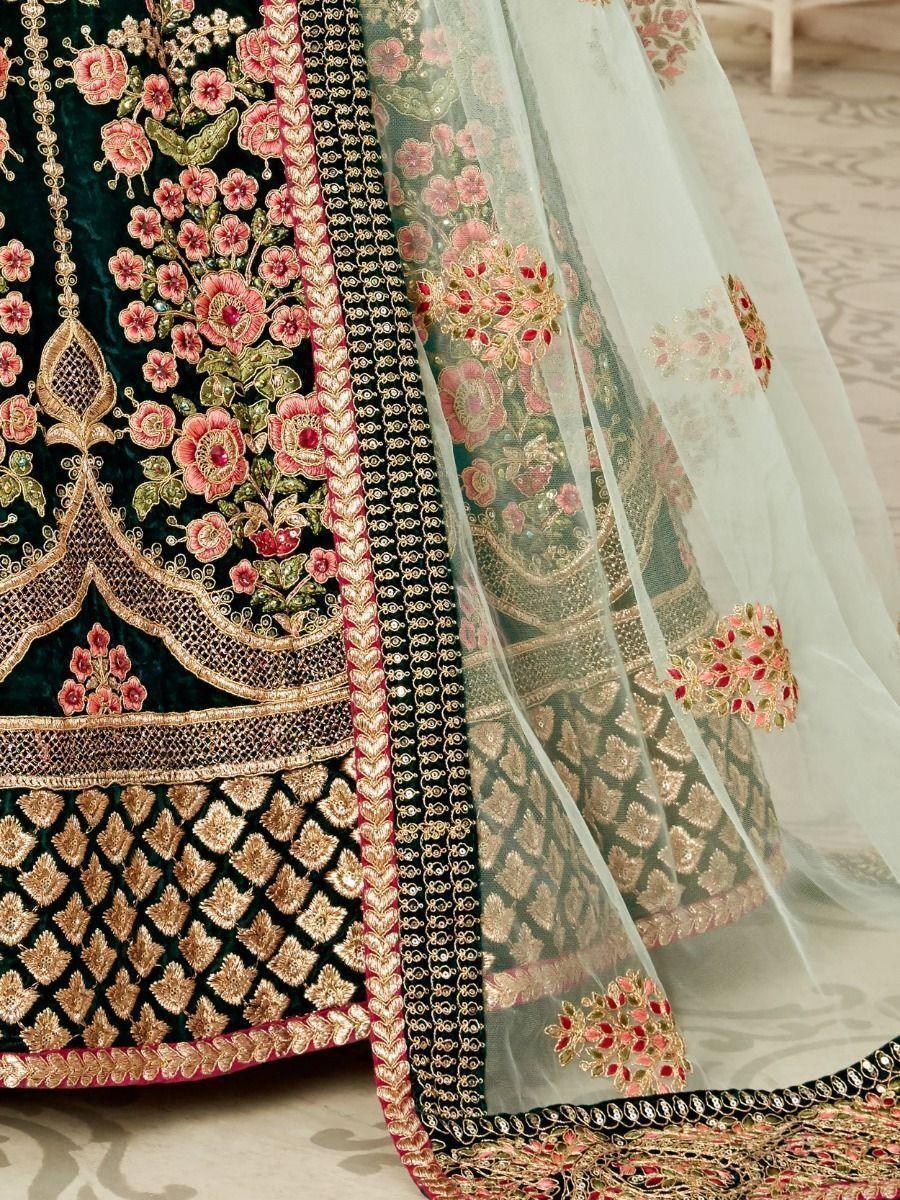 Green Embroidered Velvet Wedding Wear Lehenga Choli