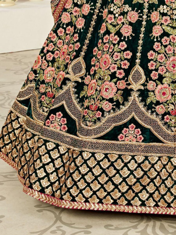 Green Embroidered Velvet Wedding Wear Lehenga Choli
