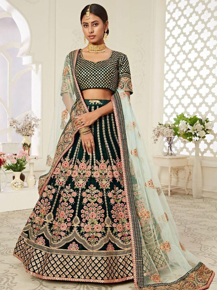 Green Embroidered Velvet Wedding Wear Lehenga Choli