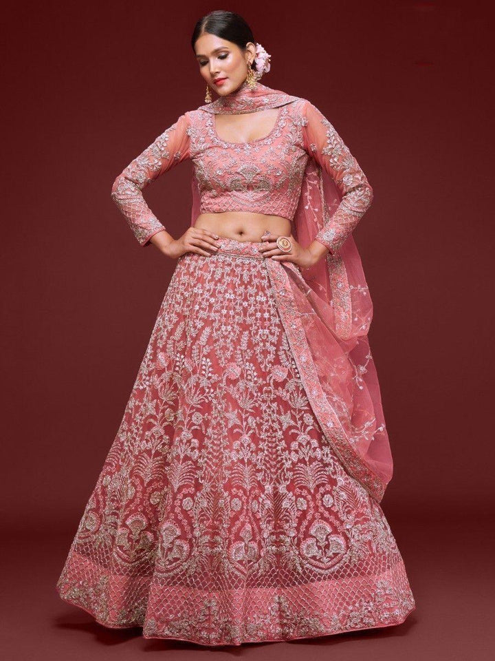 Coral Embroidered Net Wedding Wear Lehenga Choli
