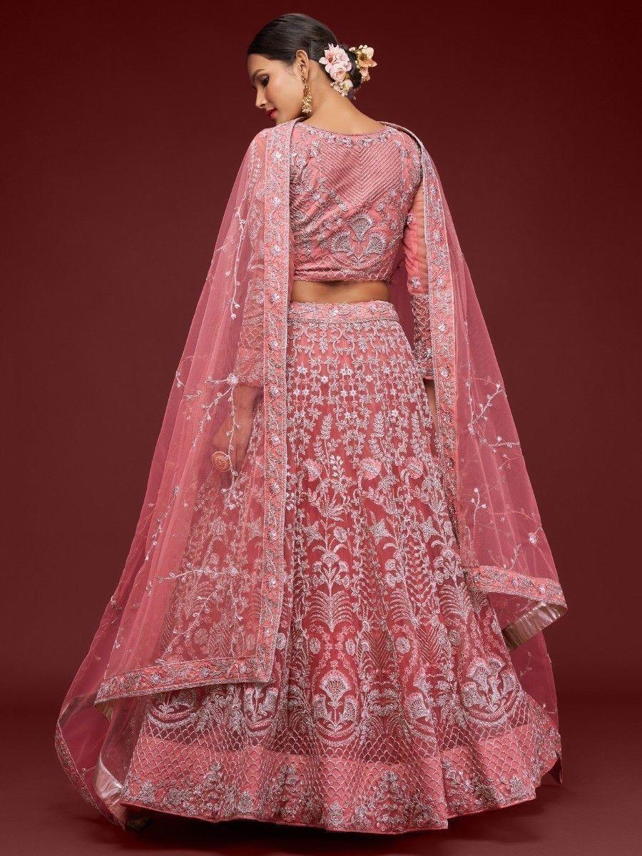Coral Embroidered Net Wedding Wear Lehenga Choli