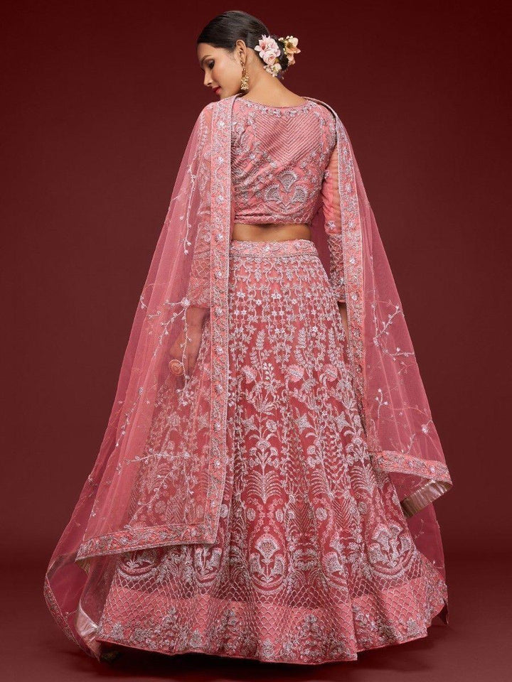 Coral Embroidered Net Wedding Wear Lehenga Choli