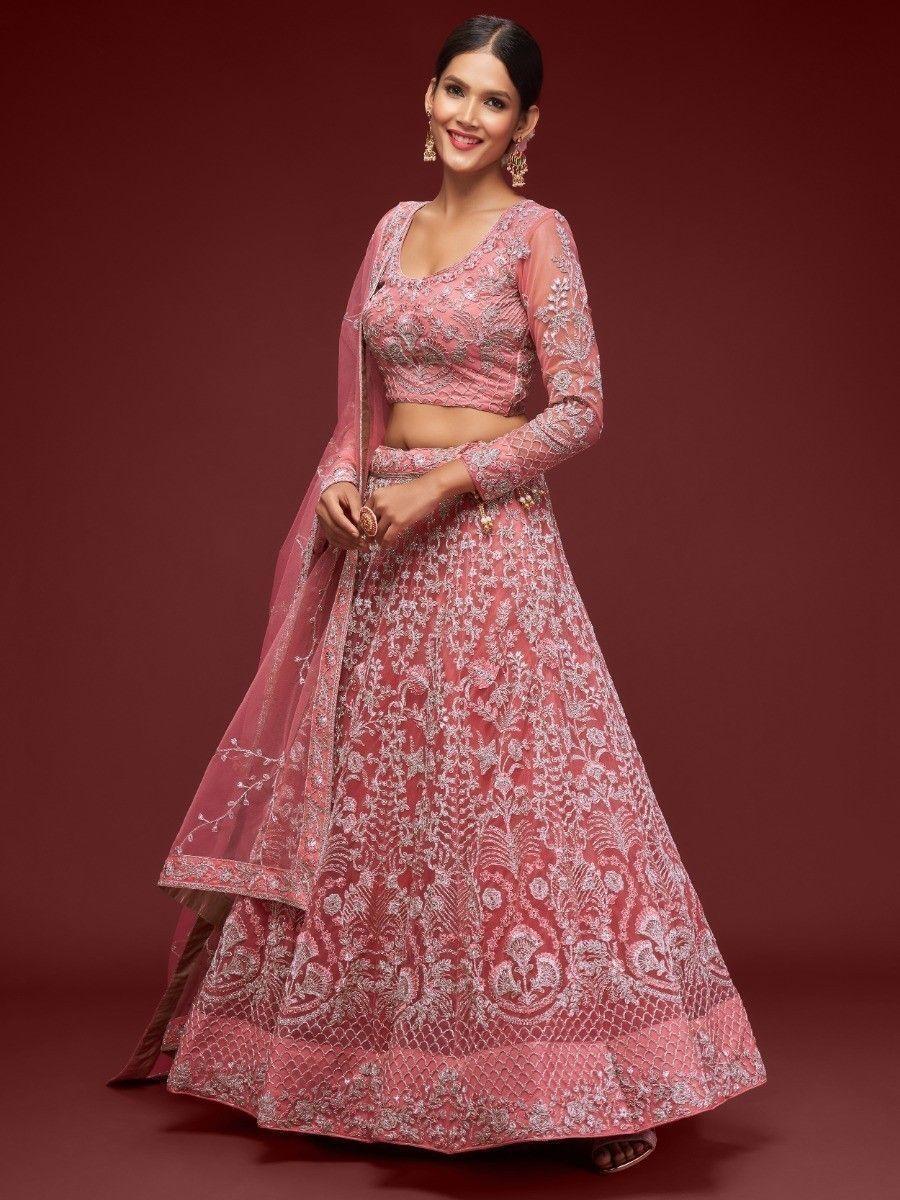 Coral Embroidered Net Wedding Wear Lehenga Choli