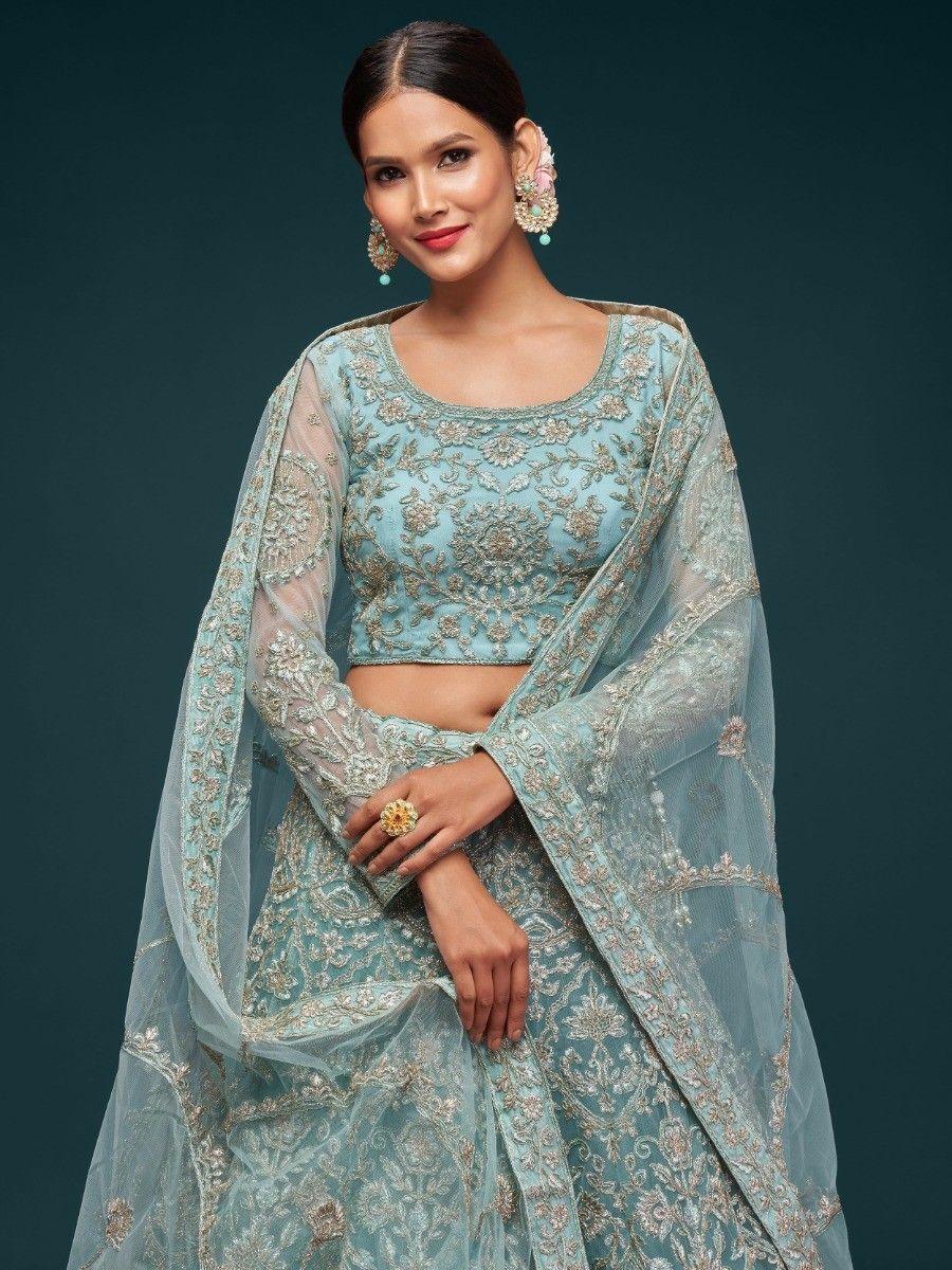 Beautiful Sea Blue Embroidered Soft Net Lehenga Choli With Dupatta