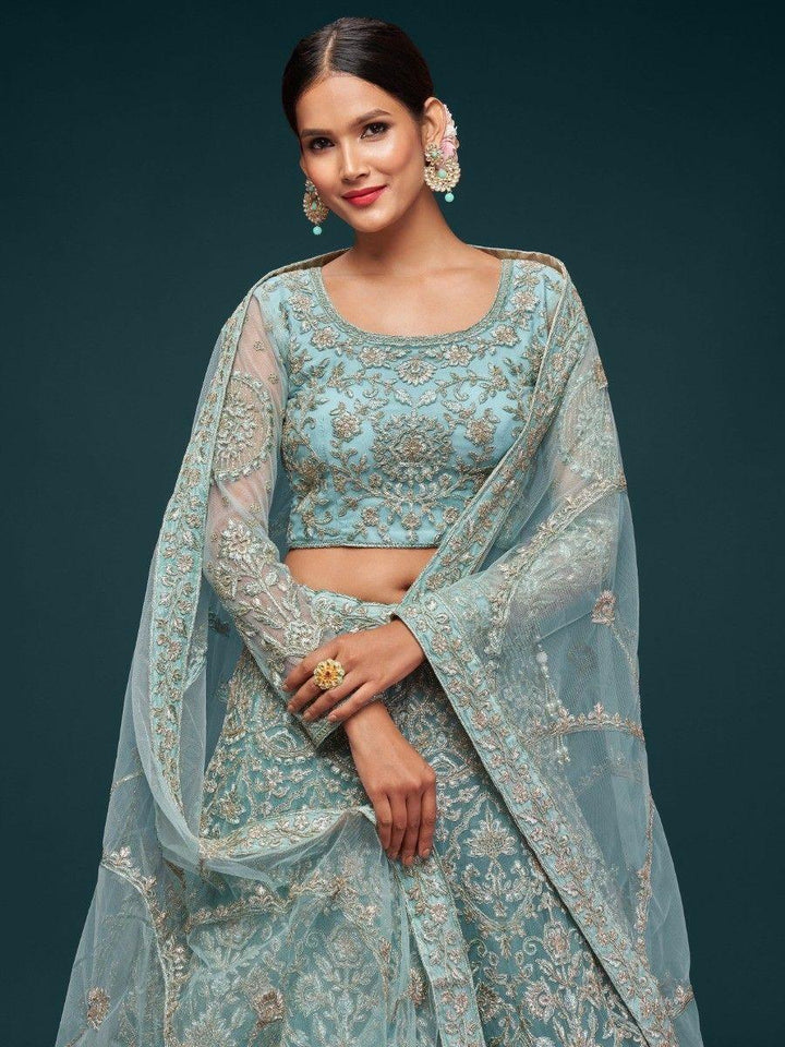 Beautiful Sea Blue Embroidered Soft Net Lehenga Choli With Dupatta