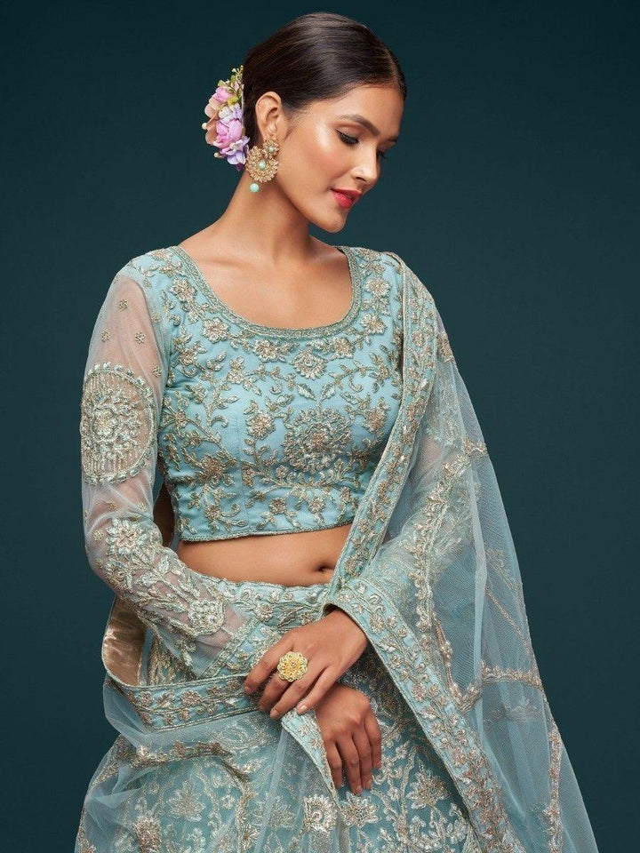Beautiful Sea Blue Embroidered Soft Net Lehenga Choli With Dupatta