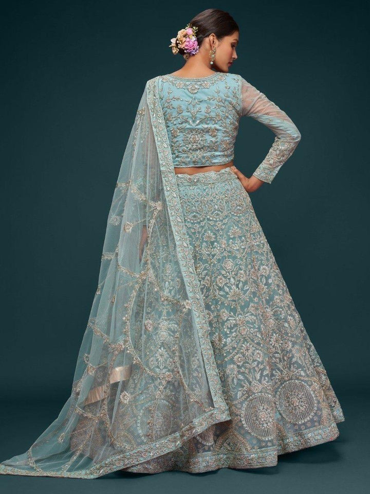 Sea Blue Embroidered Soft Net Lehenga Choli With Dupatta