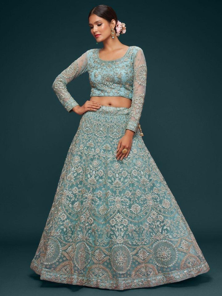 Beautiful Sea Blue Embroidered Soft Net Lehenga Choli With Dupatta