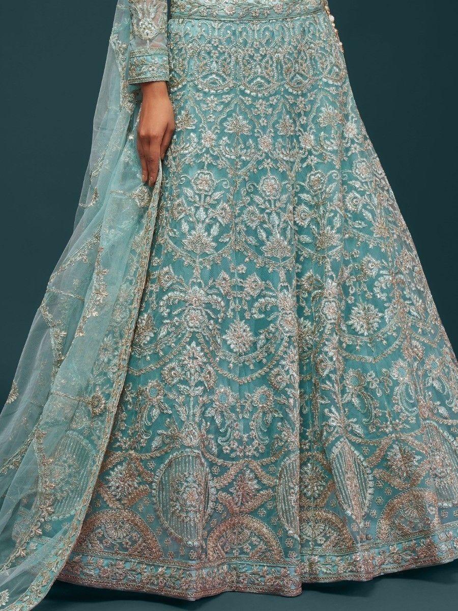 Sea Blue Embroidered Soft Net Lehenga Choli With Dupatta