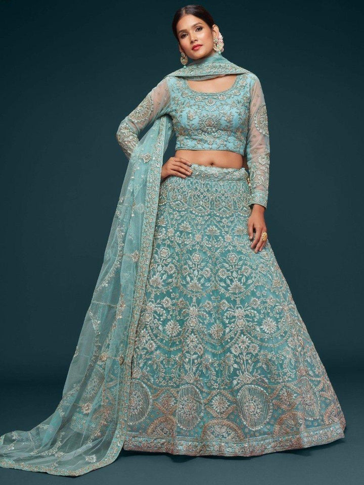 Sea Blue Embroidered Soft Net Lehenga Choli With Dupatta