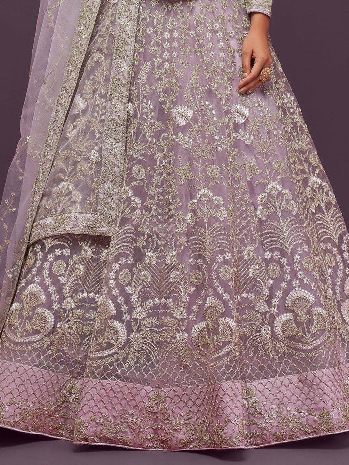 Lilac Embroidered Soft Net Wedding Wear Lehenga Choli