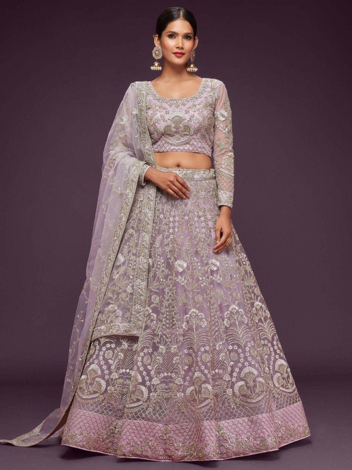 Lilac Embroidered Soft Net Wedding Wear Lehenga Choli