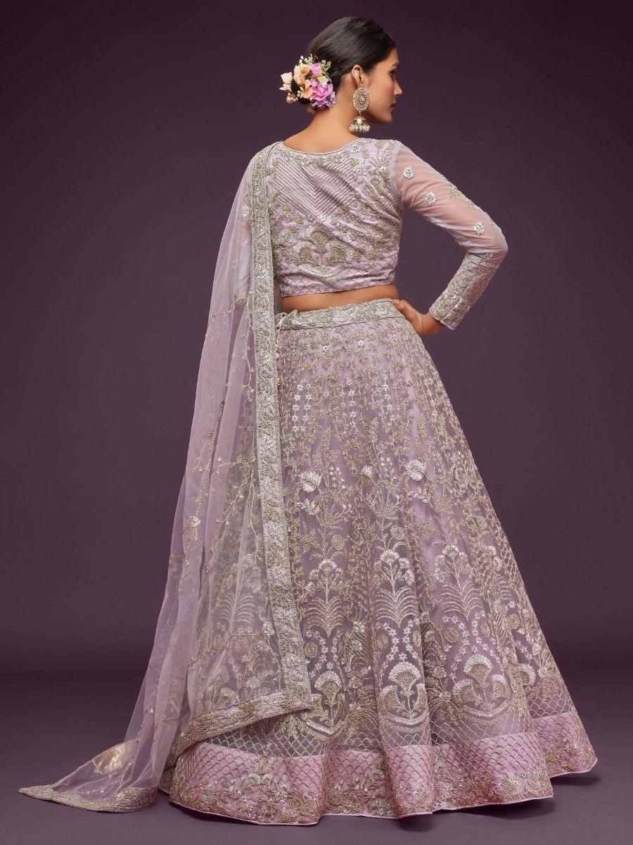 Attractive Lilac Embroidered Soft Net Wedding Wear Lehenga Choli