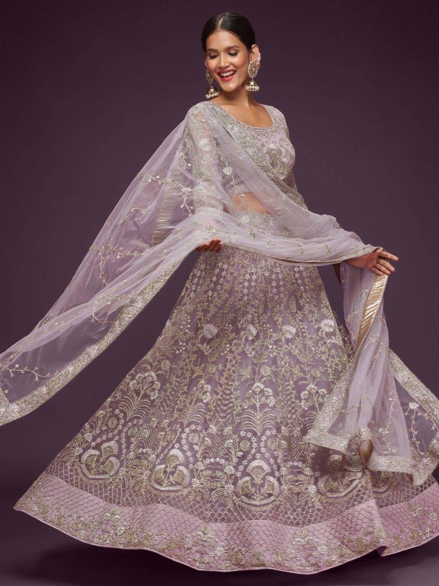 Lilac Embroidered Soft Net Wedding Wear Lehenga Choli
