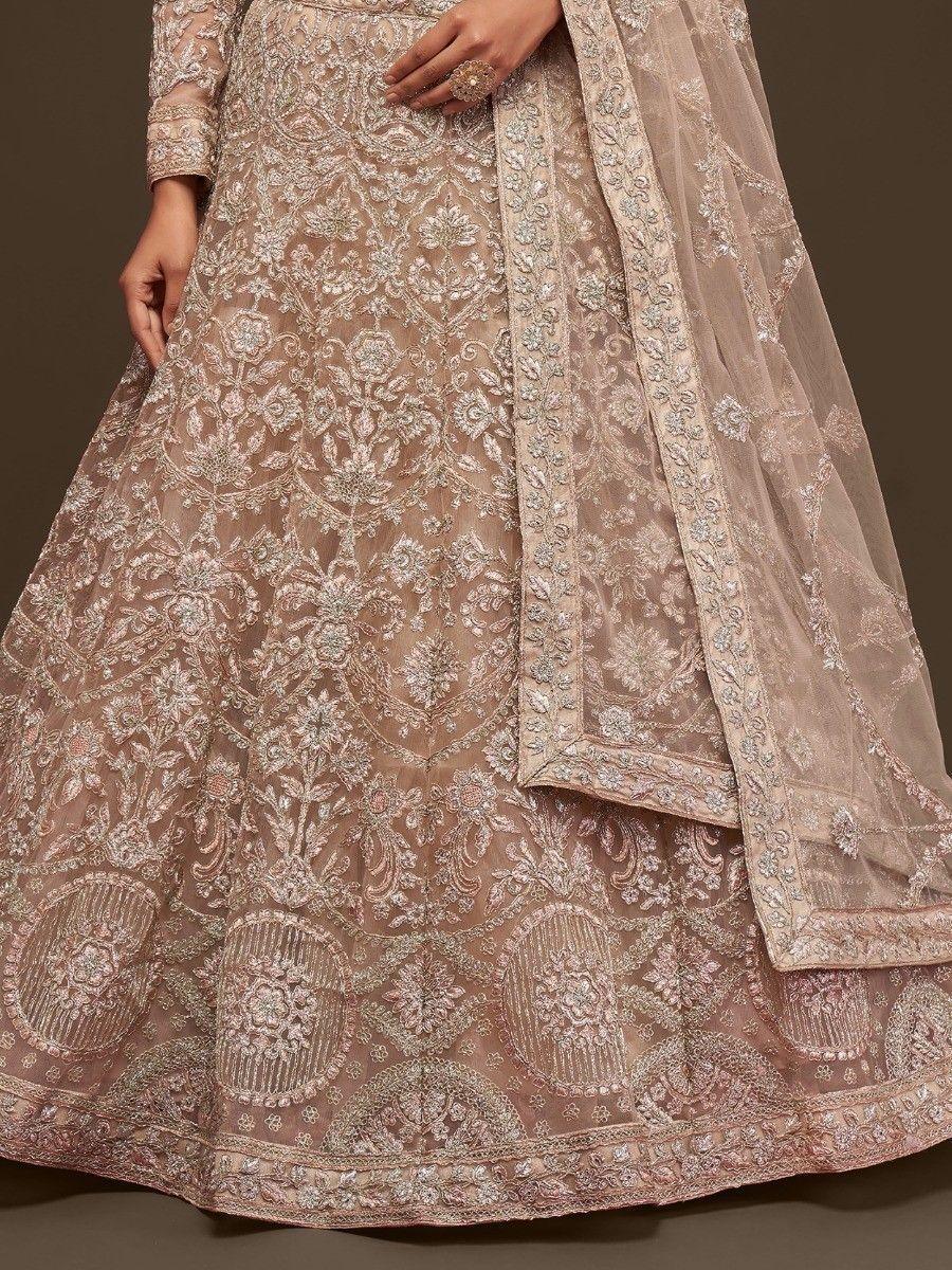 Stunning Royal Beige Embroidered Soft Net Lehenga Choli With Dupatta