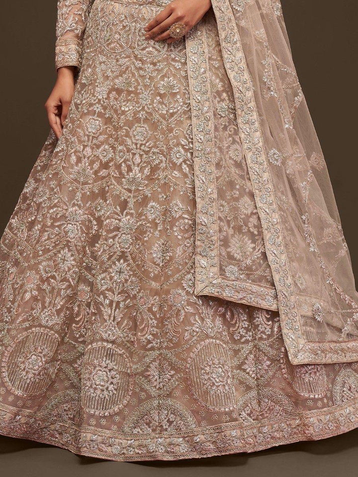 Stunning Royal Beige Embroidered Soft Net Lehenga Choli With Dupatta