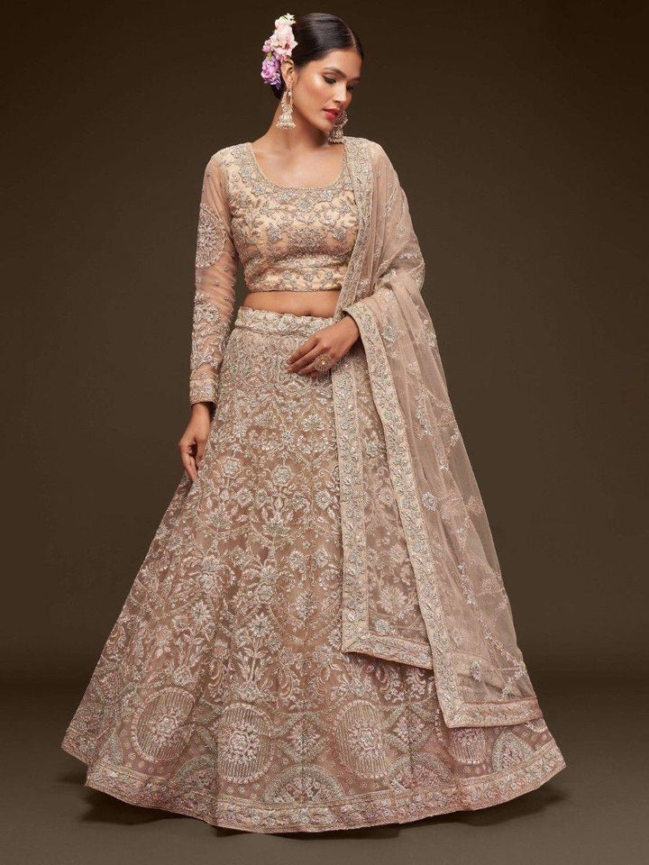 Stunning Royal Beige Embroidered Soft Net Lehenga Choli With Dupatta