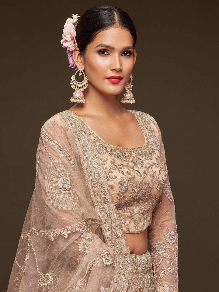 Stunning Royal Beige Embroidered Soft Net Lehenga Choli With Dupatta