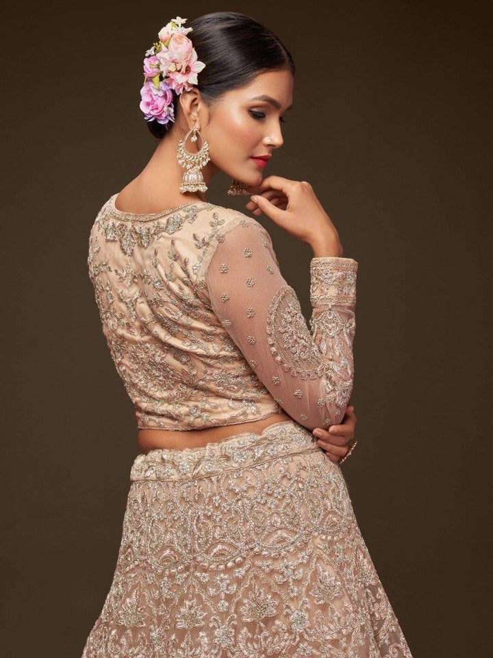 Stunning Royal Beige Embroidered Soft Net Lehenga Choli With Dupatta