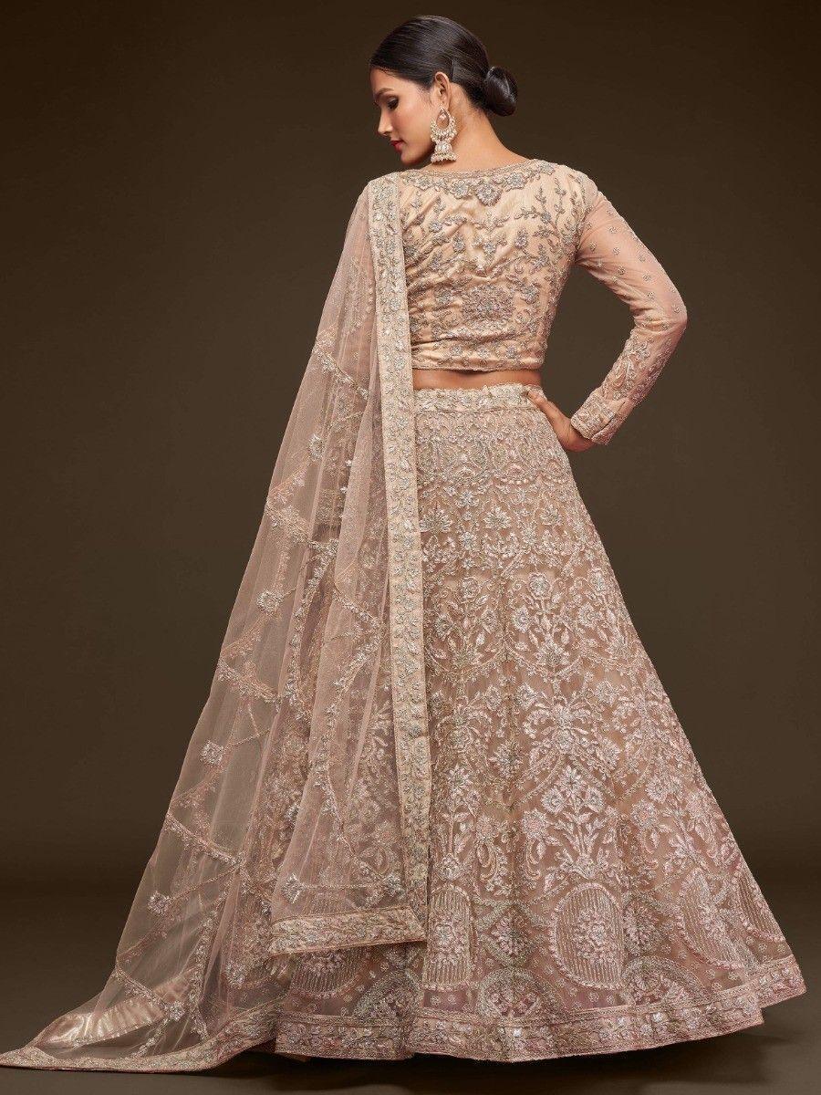 Stunning Royal Beige Embroidered Soft Net Lehenga Choli With Dupatta