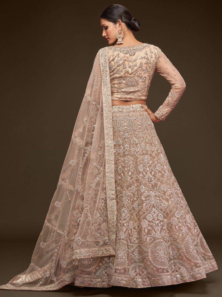 Stunning Royal Beige Embroidered Soft Net Lehenga Choli With Dupatta