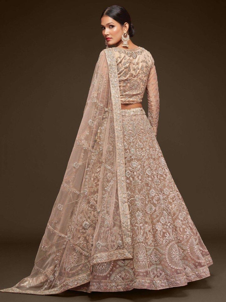 Stunning Royal Beige Embroidered Soft Net Lehenga Choli With Dupatta