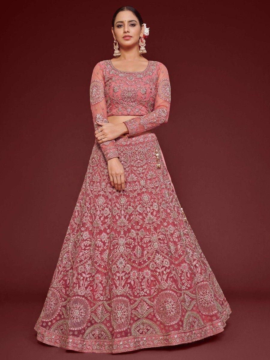 Rose Pink Embroidered Soft Net Traditional Lehenga Choli
