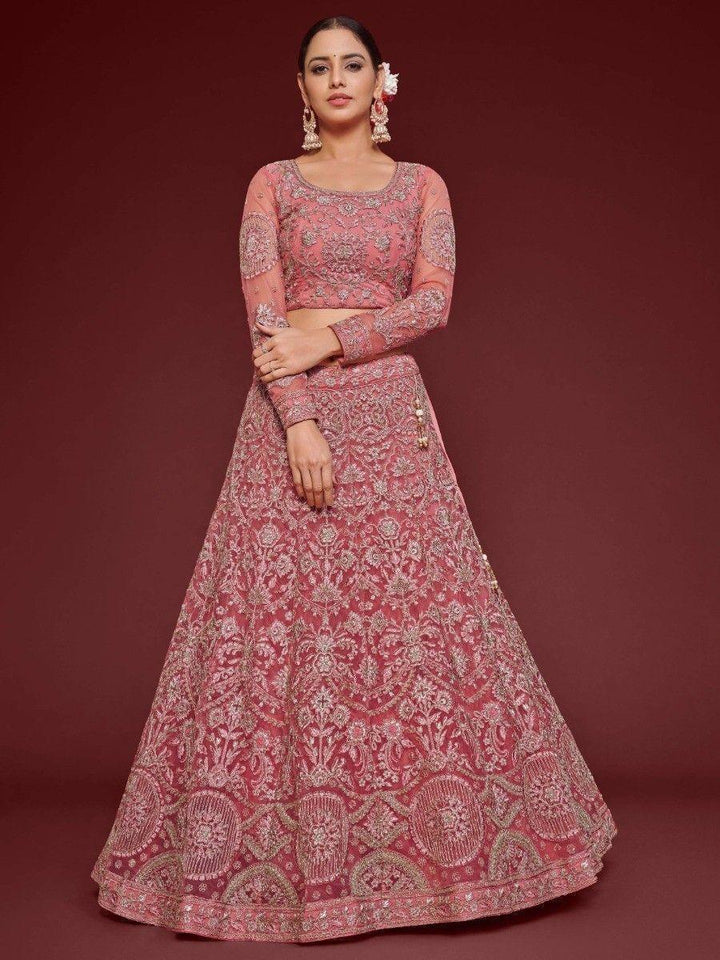 Rose Pink Embroidered Soft Net Traditional Lehenga Choli