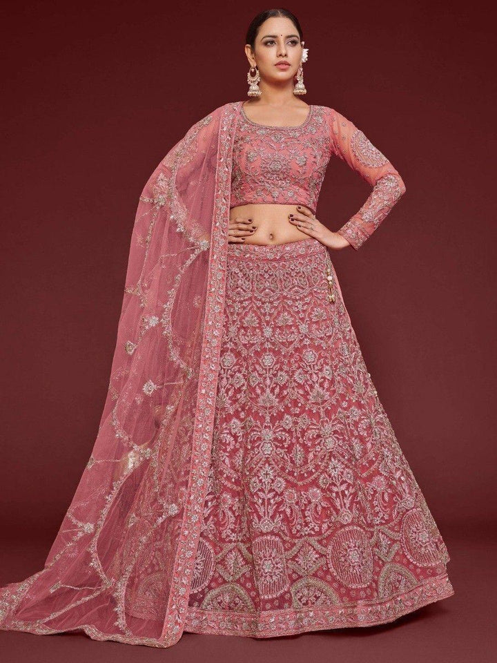 Rose Pink Embroidered Soft Net Traditional Lehenga Choli