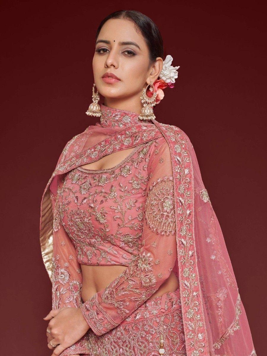 Rose Pink Embroidered Soft Net Traditional Lehenga Choli